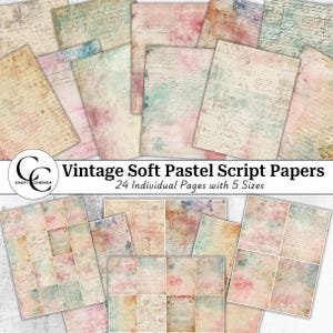 24 imágenes de papel vintage con fondo de escritura en tonos pastel suaves, páginas de diario basura descargables digitales, imprimibles antiguos, hojas de collage, páginas de álbum de recortes