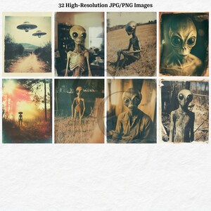 May include: A collection of eight vintage-style prints featuring extraterrestrial beings and UFOs. The images showcase aliens in various settings, including landscapes and portraits, with a sepia-toned aesthetic. The prints are labeled "32 High-Resolution JPG/PNG Images."