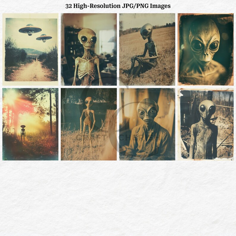 May include: A collection of eight vintage-style prints featuring extraterrestrial beings and UFOs. The images showcase aliens in various settings, including landscapes and portraits, with a sepia-toned aesthetic. The prints are labeled "32 High-Resolution JPG/PNG Images."