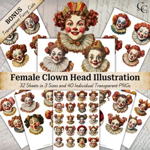 40 ilustraciones de cabezas de payaso, clipart de cabeza de payaso vintage, hoja de efímera vintage, paquete de PNG transparentes con cortes precisos, collage de papel imprimible