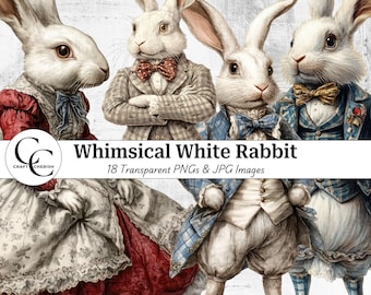 White Rabbit Clipart PNG, Watercolor Bunny Images, Cottagecore Junk Journal Digital Download