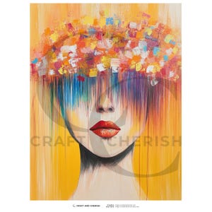 May include: Abstract painting of a woman's face with red lips and colorful hair. The hair is a mix of blue, purple, orange, and yellow. The background is yellow with the text "CRAFT AND CHERISH".