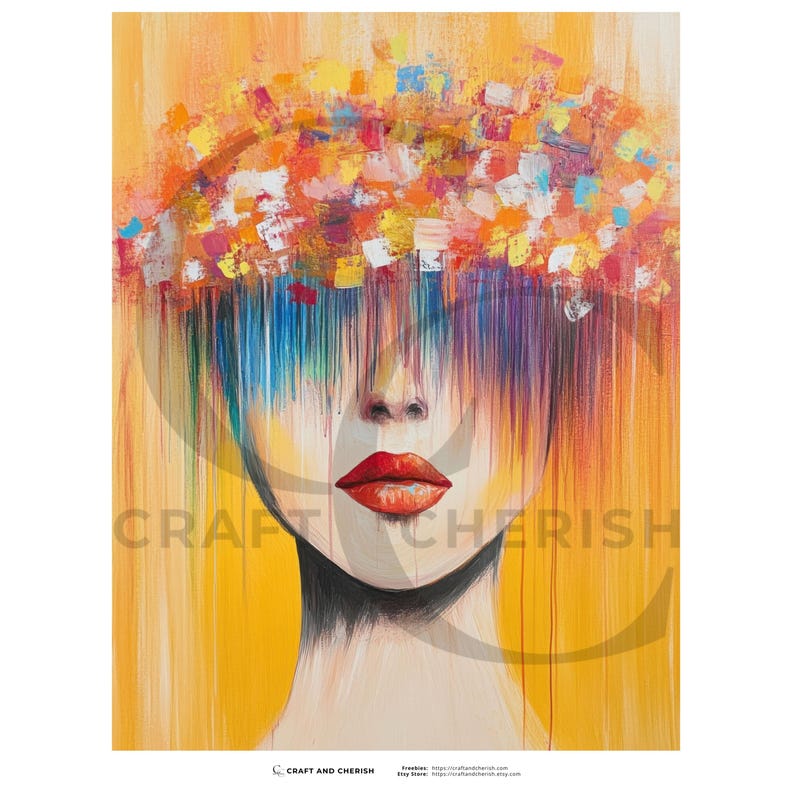 May include: Abstract painting of a woman's face with red lips and colorful hair. The hair is a mix of blue, purple, orange, and yellow. The background is yellow with the text "CRAFT AND CHERISH".