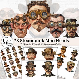 38 steampunk man hoofd kunst, vintage steampunk hoofd clipart, steampunk gentleman, vintage kortstondige bladen, kieskeurig gesneden transparante png-bundel