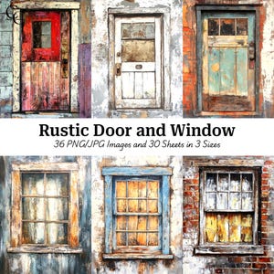 以下が含まれることがあります： 素朴なドアと窓の6つの画像を集めた芸術的なコラージュ。ドアは赤、白、ティールで塗装され、窓は木製のフレームです。「Rustic Door and Window」のテキストが表示され、画像形式とサイズに関する詳細も表示されます。