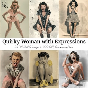 May include: A collection of six vintage-style images featuring a woman with exaggerated facial expressions. The images are in sepia tones and color, showcasing different outfits and poses. Text on the image reads "Quirky Woman with Expressions" and "24 PNG/JPG Images in 300 DPI, Commercial Use."