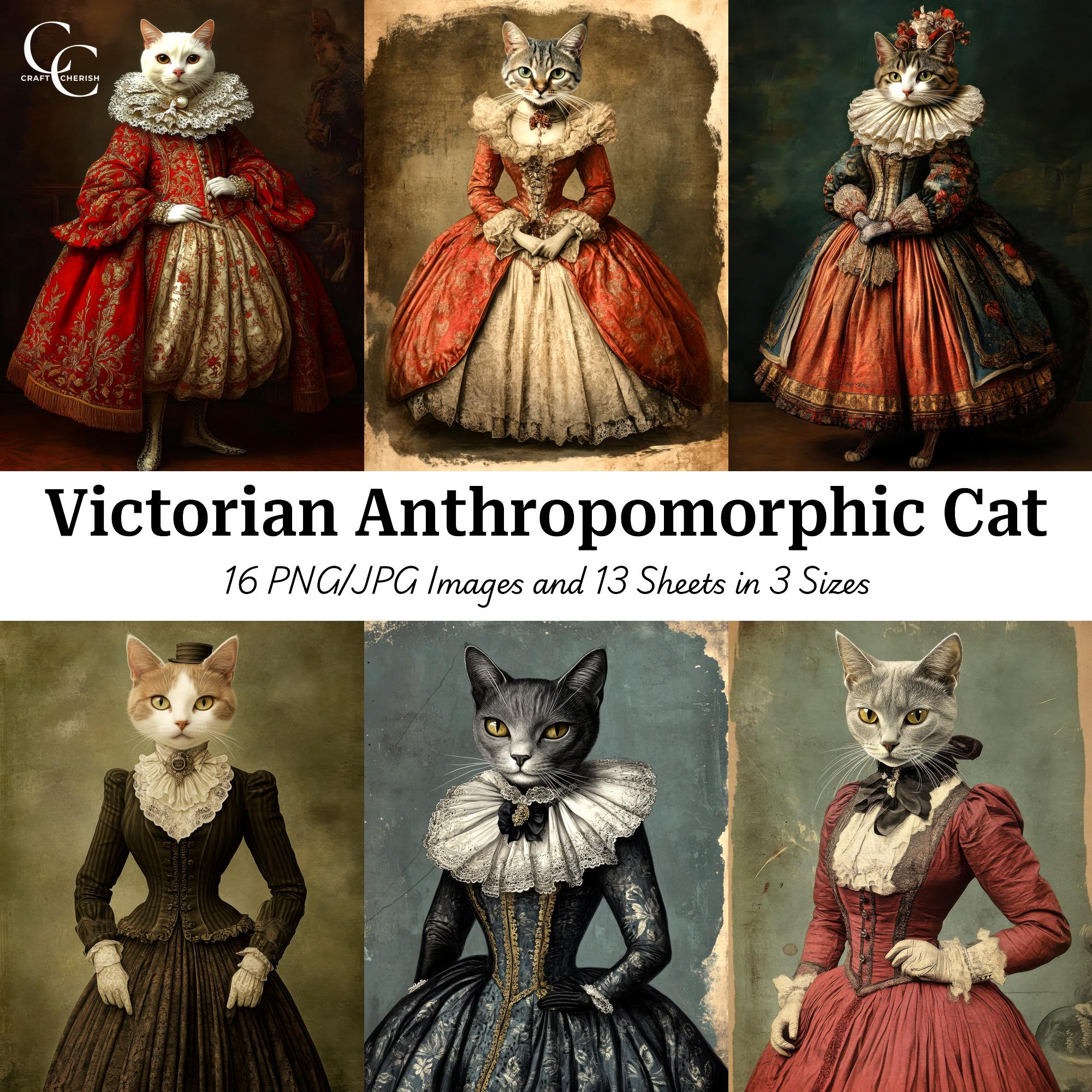 Victorian Cat Ephemera Printable, Dressed Cat Lady Images, Junk