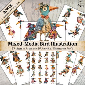 Whimsical Bird Portrait PNGs: Mixed-Media Ephemera (Digital Download)