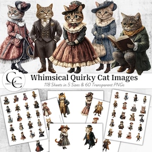 60 imágenes y hojas de gatos extravagantes y extravagantes, gatos con atuendos elegantes en técnica mixta, imágenes PNG transparentes, collage imprimible, diario basura