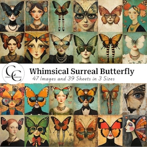 47 images de portraits de papillons surréalistes fantaisistes, art numérique hybride de papillons humains, créations en papier, journal indésirable, scrapbooking, téléchargement numérique