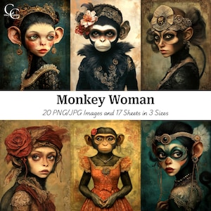 20 surreale Affenfrauen-Digitalbilder, wunderliche Frau, Affe mit Frauen, Journaling, Scrapbooking, hohe Qualität, digitaler Download, CU