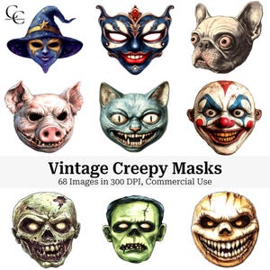 68 Gruselige Masken Bilder, Spuk Gesichtsmaske, gruseliges Gesicht, unheimliche Maske Ephemera, Papiermodell, Junk Journal, Scrapbook, digitaler Download, CU
