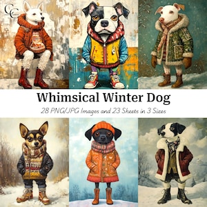 28 wunderliche Winter Hundebilder, künstlerische Whimsy Hund, druckbare Bilder, Papiermodelle, Scrapbooking, Journaling, hohe Qualität, digitaler Download