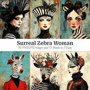 16 Zebra-Kopf-Frauen-Bilder, wunderliche surreale Zebra-Gesichts-Damen-Kunst, Papiermodelle, Junk-Journal, Sammelalbum, digitaler Download, hohe Qualität