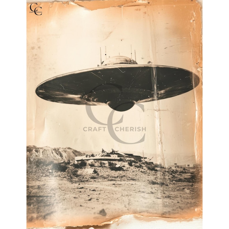 May include: Sepia-toned photograph of a flying saucer hovering over a desert landscape. The spacecraft is a dark, circular shape with a domed top and a central light. The image has a vintage aesthetic, with the text "CRAFT CHERISH" visible.