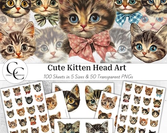 Vintage Kitten Collage: 1950s Cat Head Art (Digital Download)