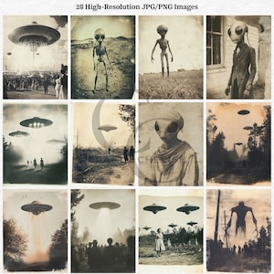 May include: A collection of 28 high-resolution vintage-style images featuring UFOs and extraterrestrial beings. The images are in black and white, depicting scenes of alien encounters and flying saucers over various landscapes and settings.
