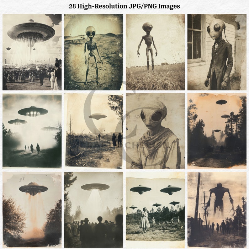 May include: A collection of 28 high-resolution vintage-style images featuring UFOs and extraterrestrial beings. The images are in black and white, depicting scenes of alien encounters and flying saucers over various landscapes and settings.