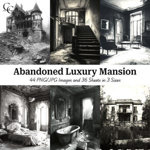 44 imágenes de mansiones de lujo abandonadas, mansiones antiguas, efímeras, manualidades de papel, diarios basura, álbumes de recortes, alta calidad, descarga digital, CU