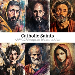 Portrait de 42 saints catholiques, visages de saints saints, portrait divin, papercraft, journal indésirable, scrapbooking, haute qualité, téléchargement numérique, CU