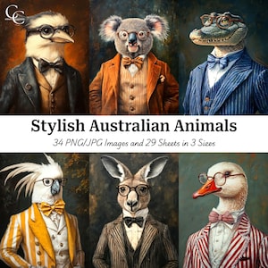 34 Australian Animals in Suite Art, Whimsical Australian Animal Portrait, Papercraft, Junk Journal, Scrapbook, High-Quality Digital Download