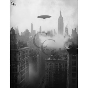 May include: Black and white photograph of a cityscape with a UFO hovering above. The Empire State Building is visible in the background, partially obscured by fog. The image has the text "CRAFT CHERISH" in the lower right corner.