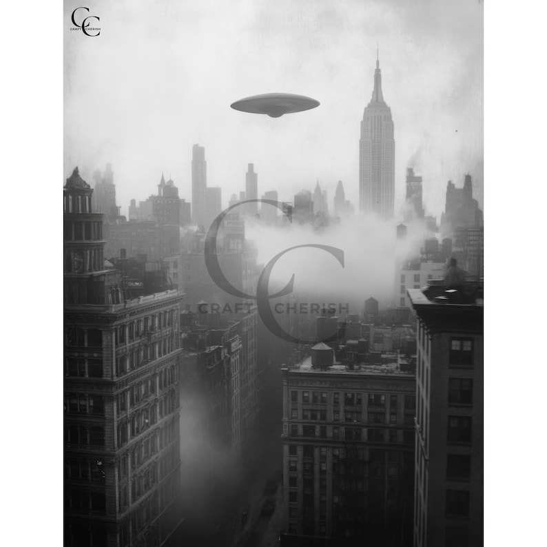 May include: Black and white photograph of a cityscape with a UFO hovering above. The Empire State Building is visible in the background, partially obscured by fog. The image has the text "CRAFT CHERISH" in the lower right corner.