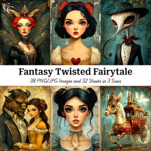 38 illustrazioni di fiabe fantasy contorte, figura antropomorfa da fiaba, creazione di carta, diario, album di ritagli, download digitale di alta qualità