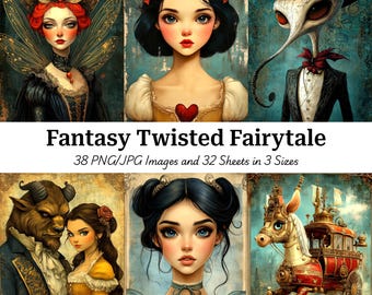 Op de afbeelding: Een digitale kunstprint getiteld "Fantasy Twisted Fairytale" met zes portretten van sprookjesfiguren met een donkere, verdraaide esthetiek. De afbeeldingen bevatten een fee, Sneeuwwitje, een wezen in een pak, Belle en het Beest, een vrouw en een paardenkoets.