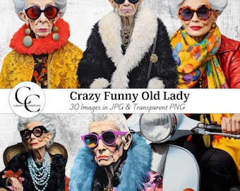 Funny Granny Clipart, Old Lady PNG Images, Whimsical Grandma Art for Stickers and Crafts