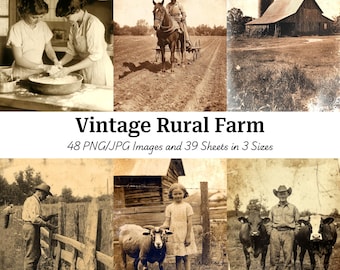 May include: A sepia-toned collage featuring vintage rural farm scenes. Images include women baking, a farmer plowing with a horse, a barn, a man tending a fence, a girl with a sheep, and a cowboy with cows. Text reads "Vintage Rural Farm".