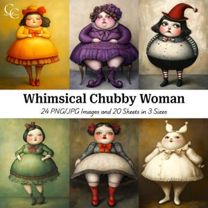 24 Fantazyjna ilustracja pulchnej kobiety, fantazyjna gruba kobieta z kreskówek, papierowe rzemiosło, scrapbooking, dziennikarstwo, wysoka jakość, pobieranie cyfrowe, CU