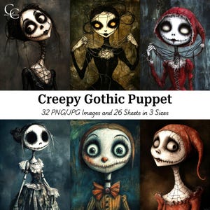32 immagini stampabili di marionette gotiche inquietanti, marionette inquietanti, bambole spaventose, creazioni di carta, diari di scarto, album di ritagli, alta qualità, download digitale
