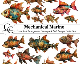 Steampunk fisk Clipart: Fussy Cut nyckfulla bilder (digital nedladdning)