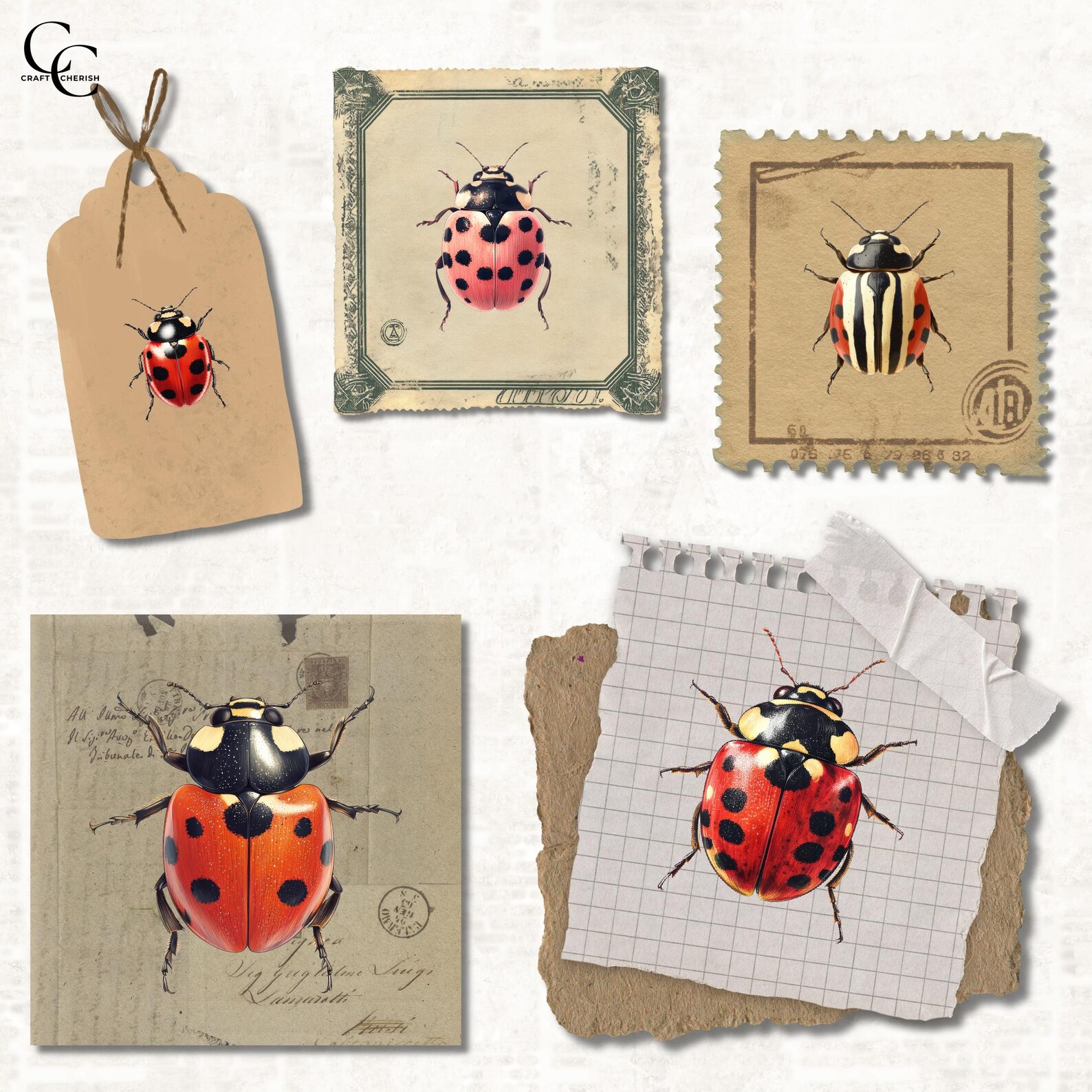 Vintage Ladybug Illustration: PNG Clipart Collage Bundle (digital ...