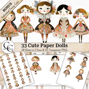 33 Cute Paper Doll Art, Hand-drawn Paper Doll Illustration Ephemera Sheets, Fussy Cut Transparent PNG Bundle, Papercraft Collage Printable
