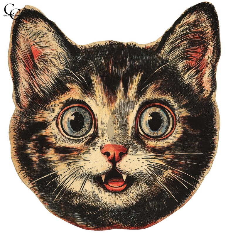May include: Vintage-style cat face illustration with large blue eyes, a pink nose, and visible teeth. The cat's fur is a mix of black, brown, and tan, with a slightly open mouth. The artwork has a distressed, aged appearance, suggesting a retro or antique aesthetic.