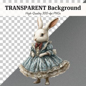 May include: A digital illustration of a white rabbit wearing a blue dress with a red bow tie. The dress has a floral pattern and ruffled trim. The image has the text "TRANSPARENT Background" and "High-Quality 300-dpi PNGs".