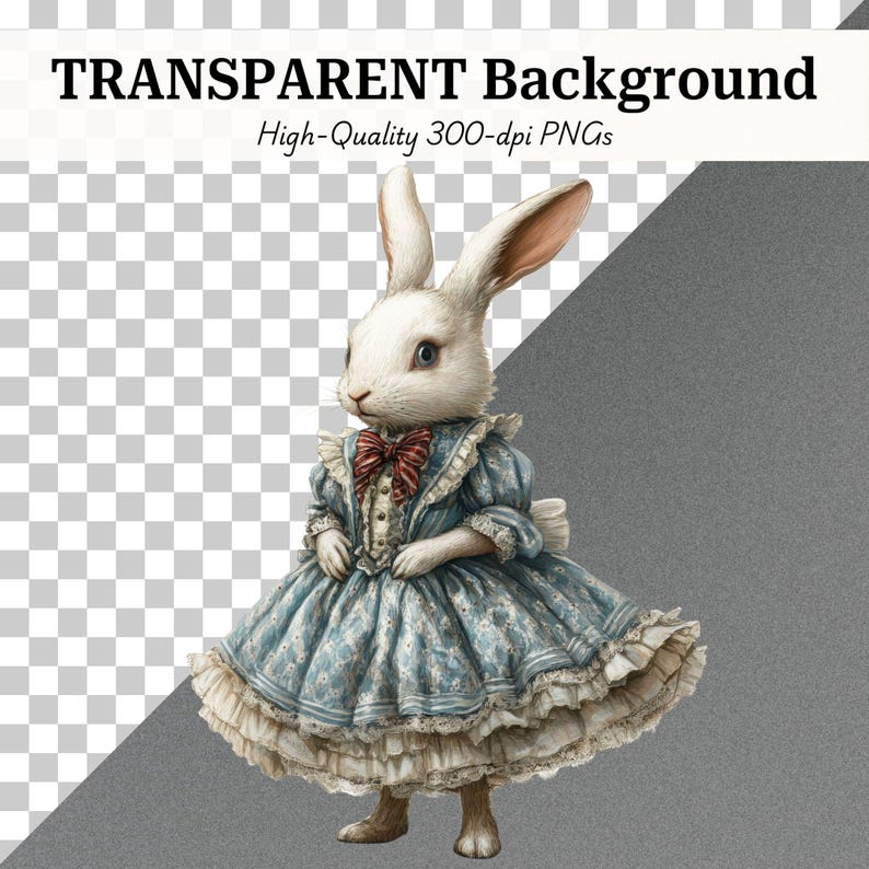 May include: A digital illustration of a white rabbit wearing a blue dress with a red bow tie. The dress has a floral pattern and ruffled trim. The image has the text "TRANSPARENT Background" and "High-Quality 300-dpi PNGs".