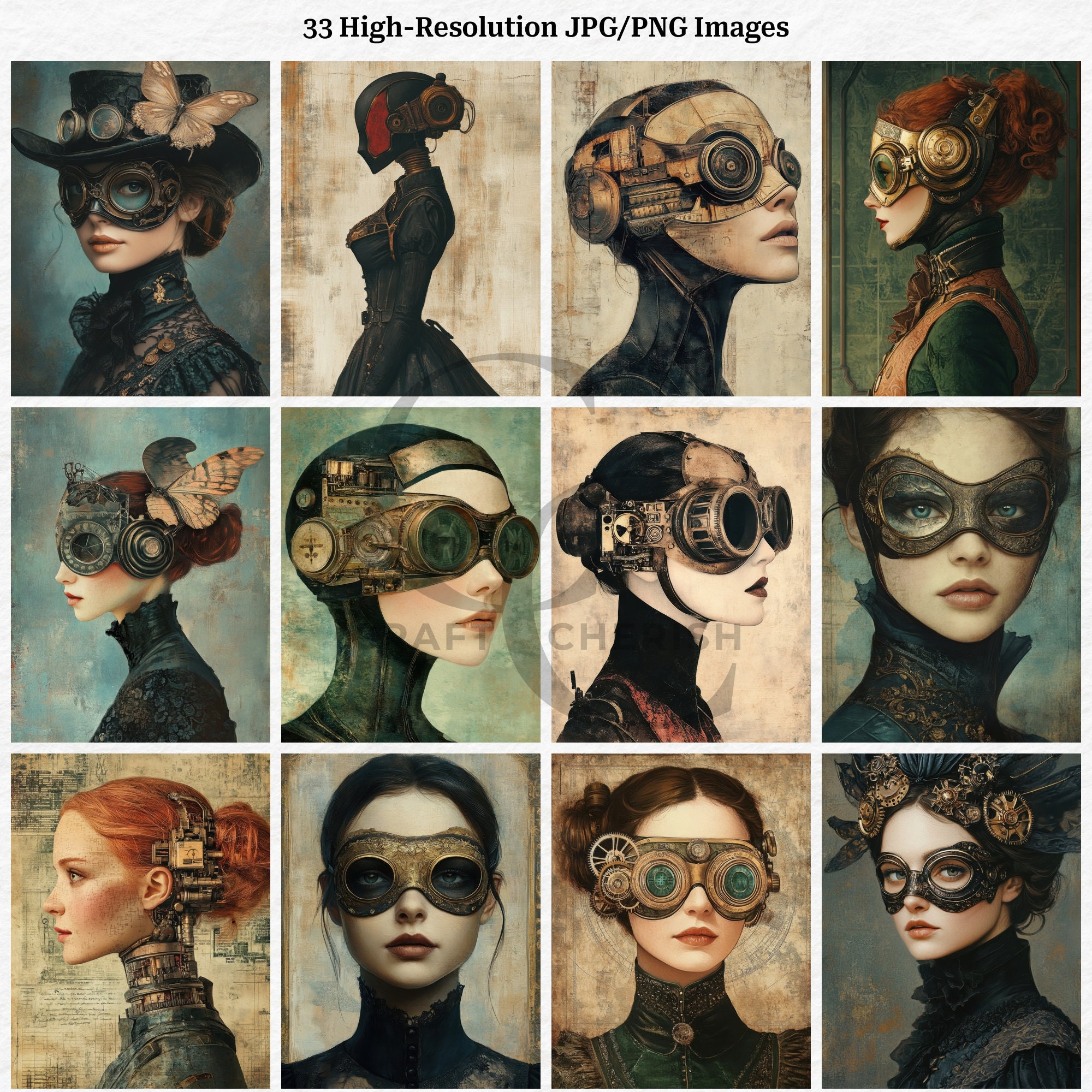 33 Steampunk Mechanical Masked Woman Printable Images for Junk Journals ...