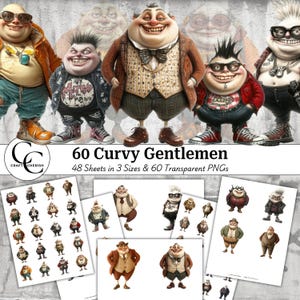 60 kurvige Gentleman Bilder, lustiger molliger Mann, schrulliger fetter Mann, pingeliger Schnitt transparentes PNG-Bundle, Papierkunst Collage zum ausdrucken, Junk Journal