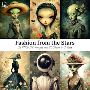 32 portraits de mode extraterrestre, mode extraterrestre, portraits fantastiques fantaisistes, Junk Journal, Scrapbook, haute qualité, téléchargement numérique