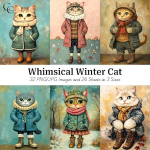 32 oeuvres d'art fantaisistes de chat d'hiver, imprimables illustration mignonne de chat confortable, créations en papier, scrapbooking, tenue d'un journal, haute qualité, téléchargement numérique