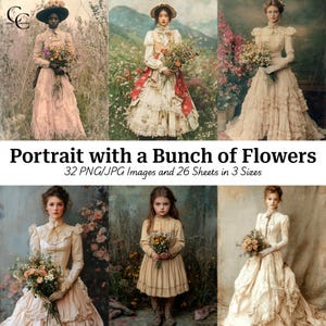 32 Vintage Woman with Flowers Printable, Flower Girl, Bride, Paper Craft, Junk Journals, Scrapbooks, High Quality, Digital Download, CU