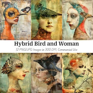 12 immagini stampabili di uccelli e donne ibride surreali, donna stravagante, lavori di carta, diari di scarto, album di ritagli, download digitali, alta qualità