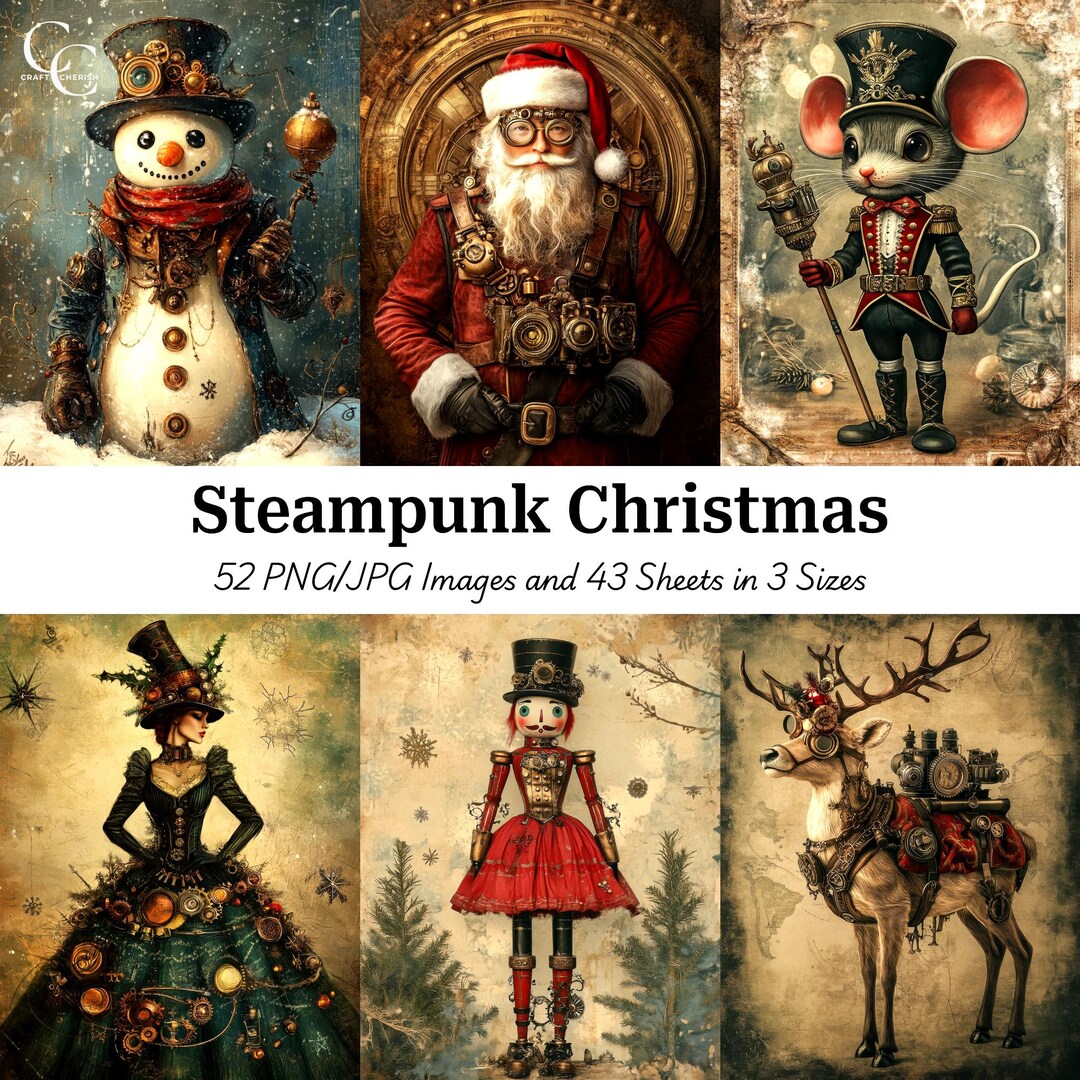 52 Steampunk Christmas Illustrations: Junk Journal Ephemera