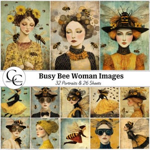 32 Immagini digitali stampabili di Bee Woman, Bee Face Lady, Persone a tema ape, Artigianato di carta, Album di ritagli di giornale spazzatura, Alta qualità, Download digitale