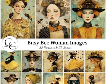 Bee Woman Portrait Art: Printable Junk Journal Ephemera (Digital Download)