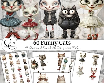 May include: A digital print showcasing six quirky cat illustrations, each with distinctive features and attire. The image includes the text "60 Funny Cats" and "48 Sheets in 3 Sizes & 60 Transparent PNGs". Several sheets of smaller cat illustrations are also visible.