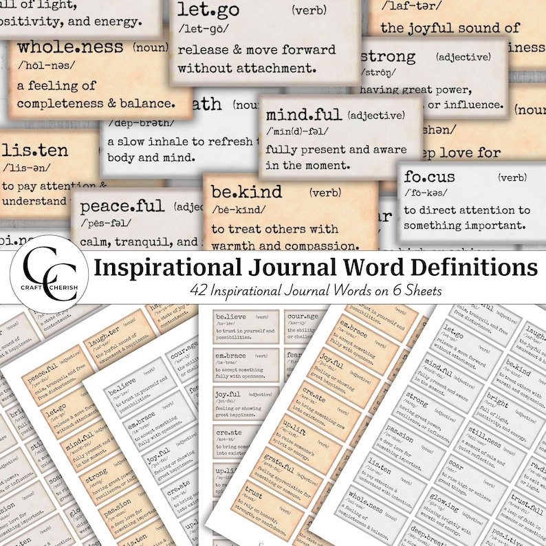 May include: A collection of inspirational journal word definitions on beige cards. The words include "whole.ness", "mind.ful", "be.kind", and "peace.ful". The title "Inspirational Journal Word Definitions" is displayed.